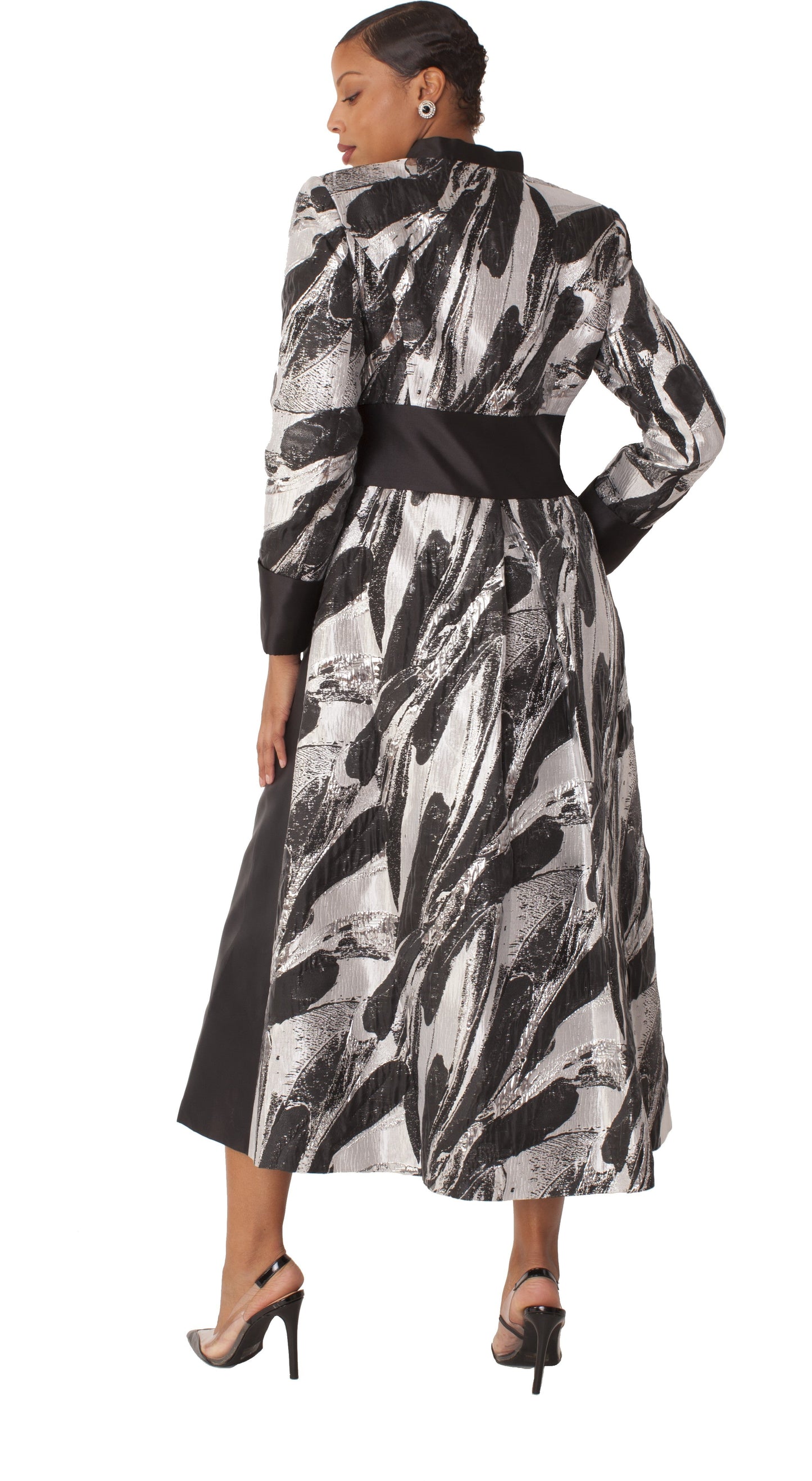 Black and silver brocade clergy robe with cross brooch back pose Tally Taylor