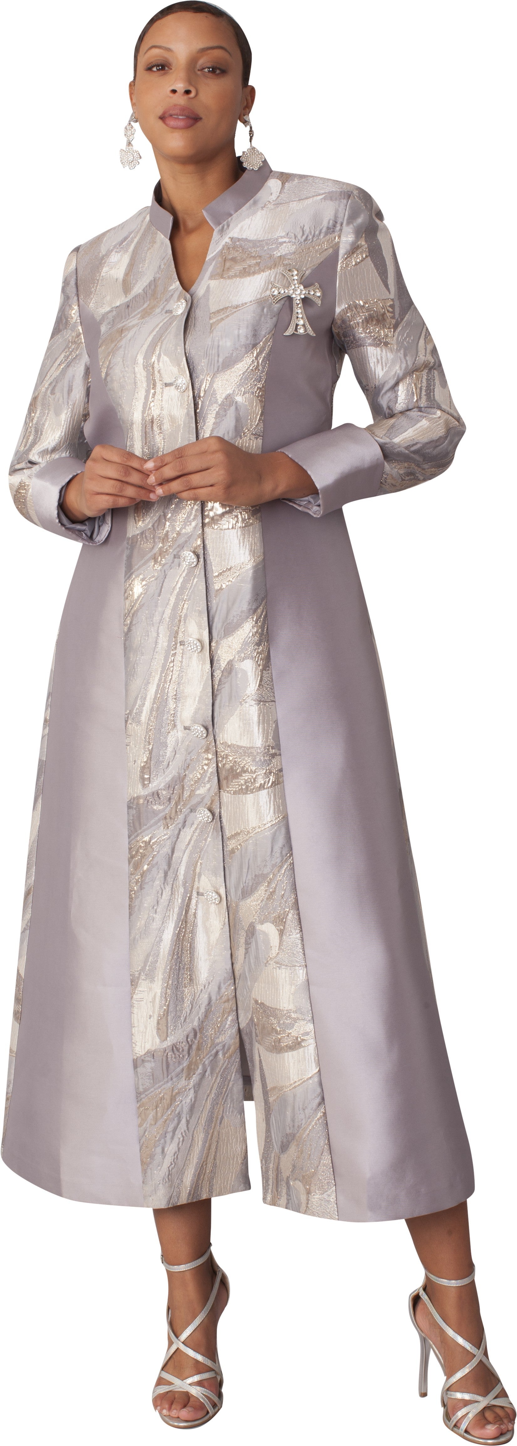 Grey and gold brocade clergy robe with cross brooch front pose Tally Taylor