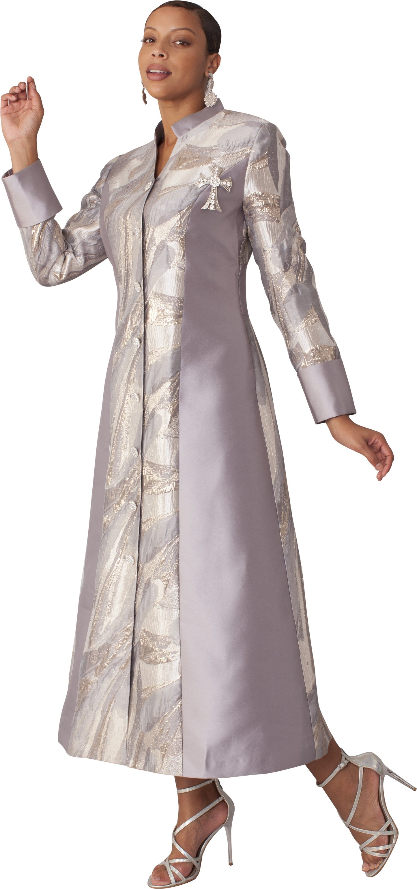 Grey and gold brocade clergy robe with cross brooch walking pose Tally Taylor