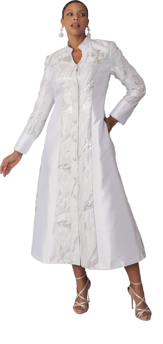 White and silver brocade clergy robe with cross brooch front pose Tally Taylor
