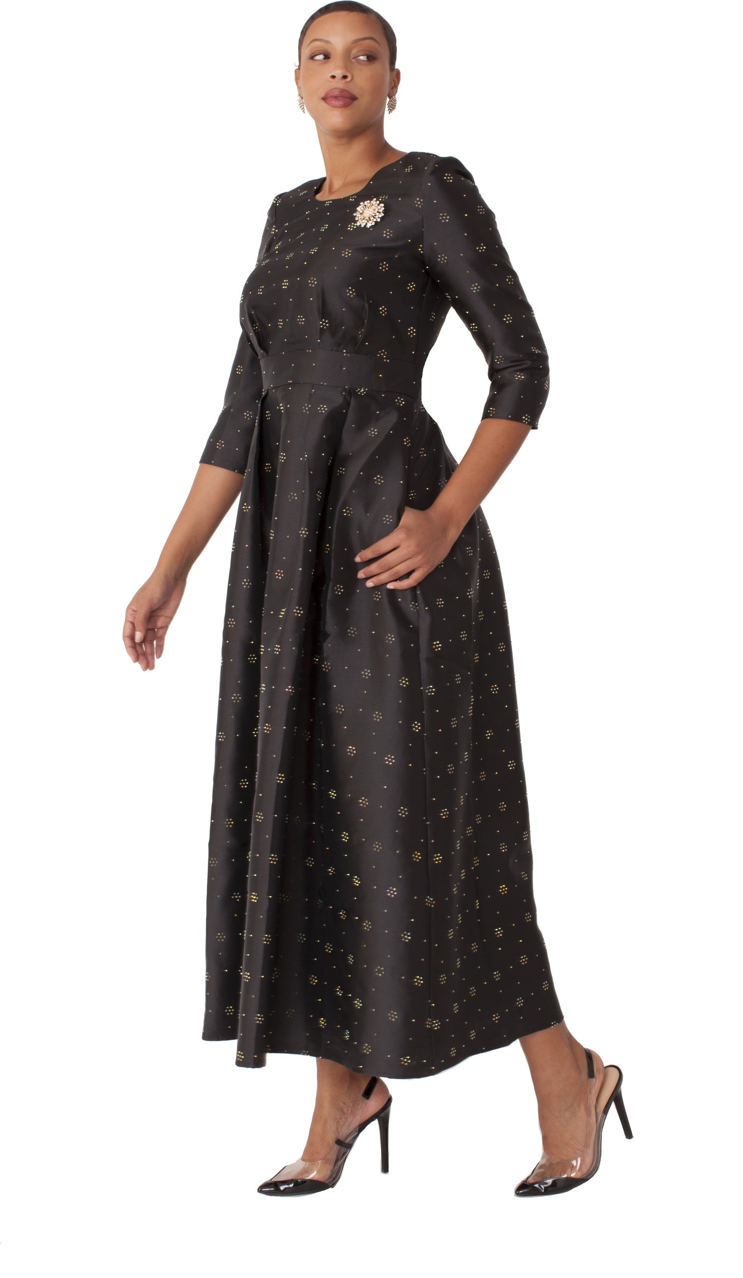 Plus size black gold rhinestone embellished church dress with modest neckline and 3/4 sleeves by Tally Taylor