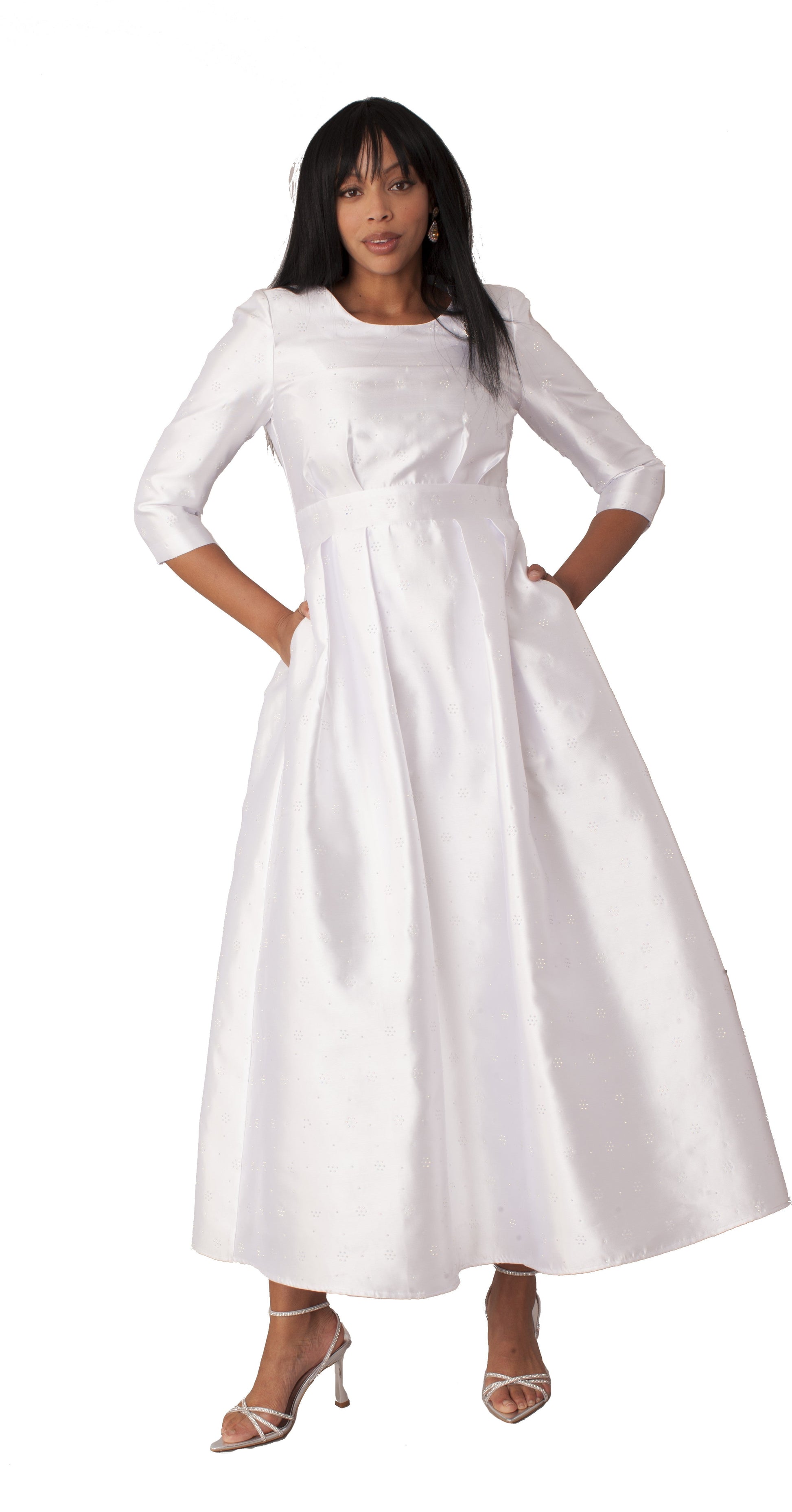 Plus size white silver rhinestone embellished church dress featuring fit-and-flare silhouette and 3/4 sleeves by Tally Taylor