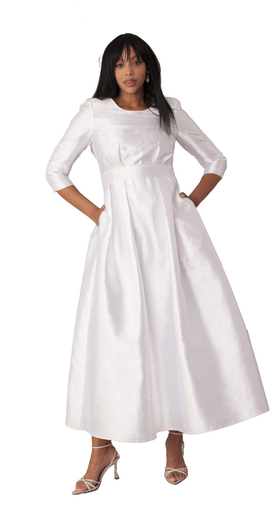 White silver rhinestone embellished church dress with 3/4 sleeves shown in angled front pose by Tally Taylor