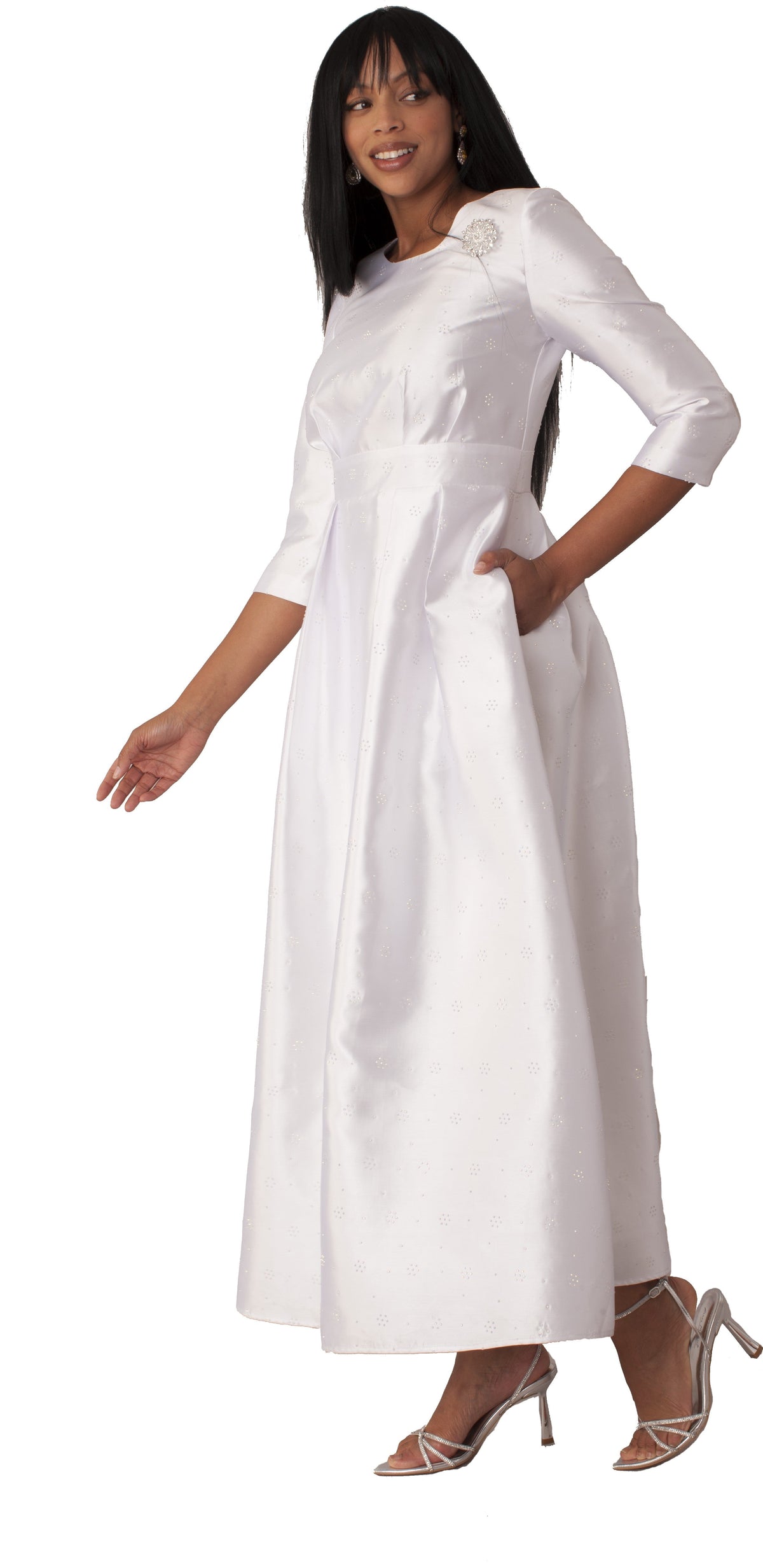 White silver rhinestone embellished church dress featuring fit-and-flare silhouette and 3/4 sleeves by Tally Taylor