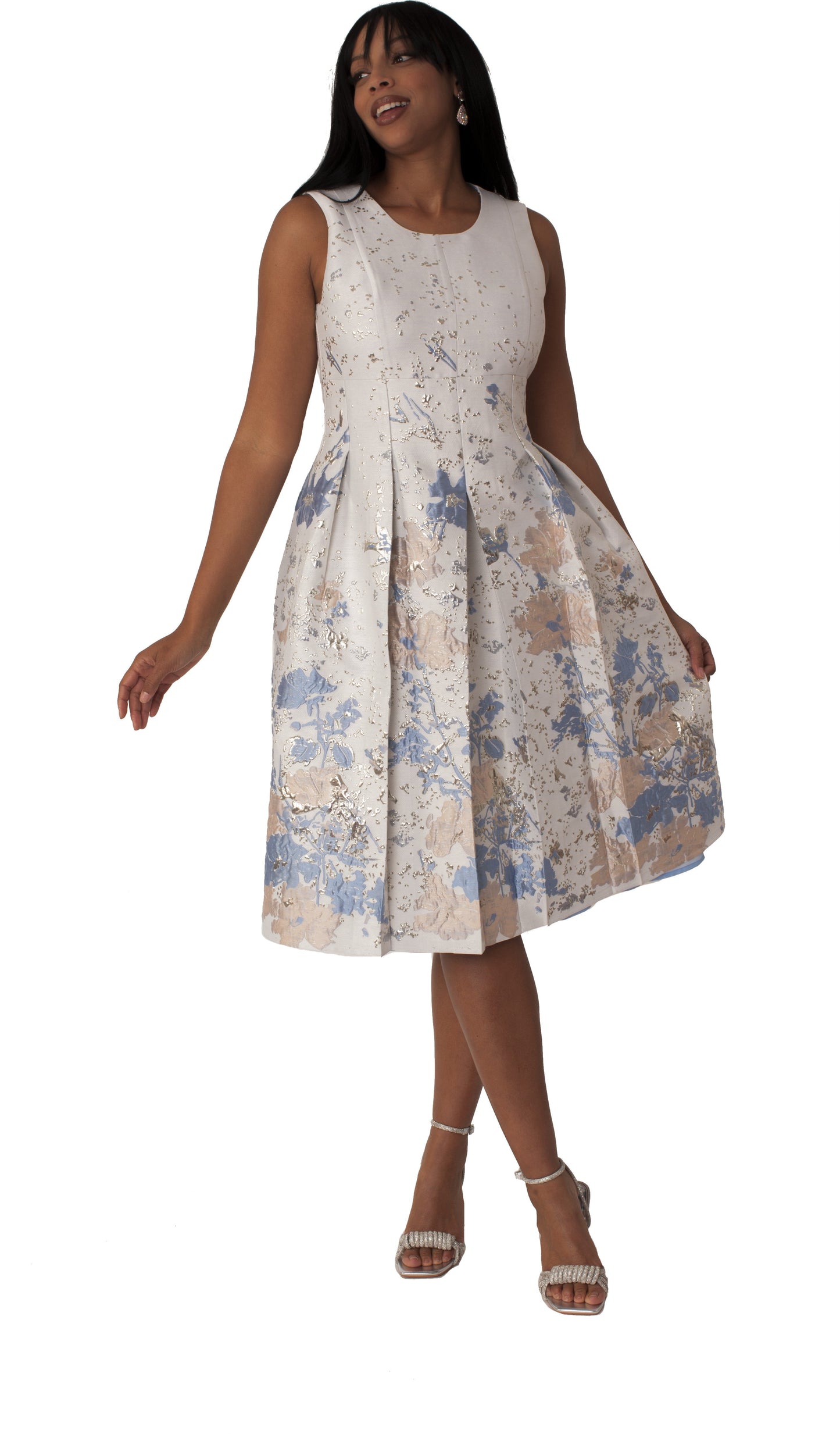 Plus size brocade dress set with jacket and brooch in blue multi front view by Tally Taylor