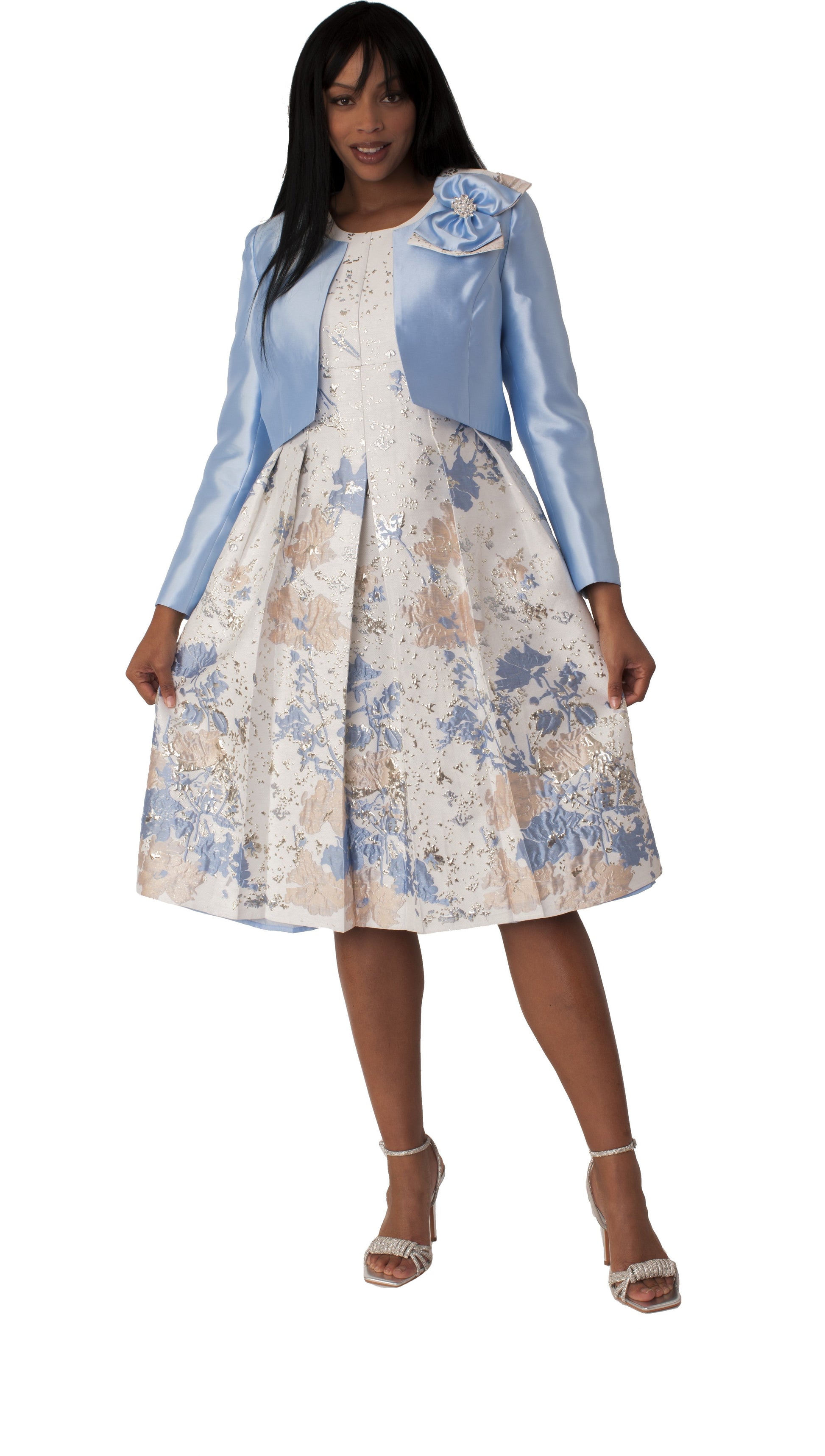 Plus size brocade dress set with jacket and brooch in blue multi front view by Tally Taylor