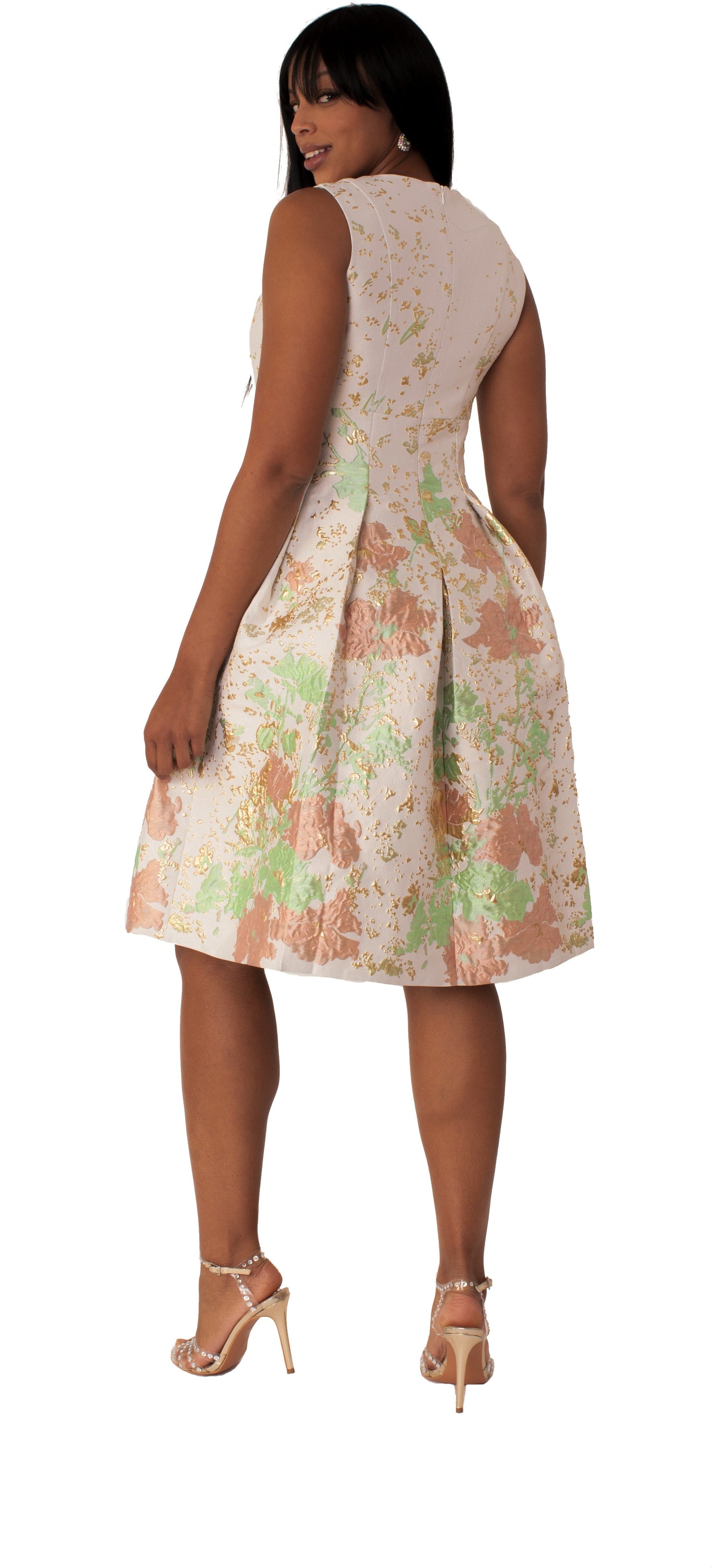 Plus size brocade dress set with jacket and brooch in green multi back view by Tally Taylor