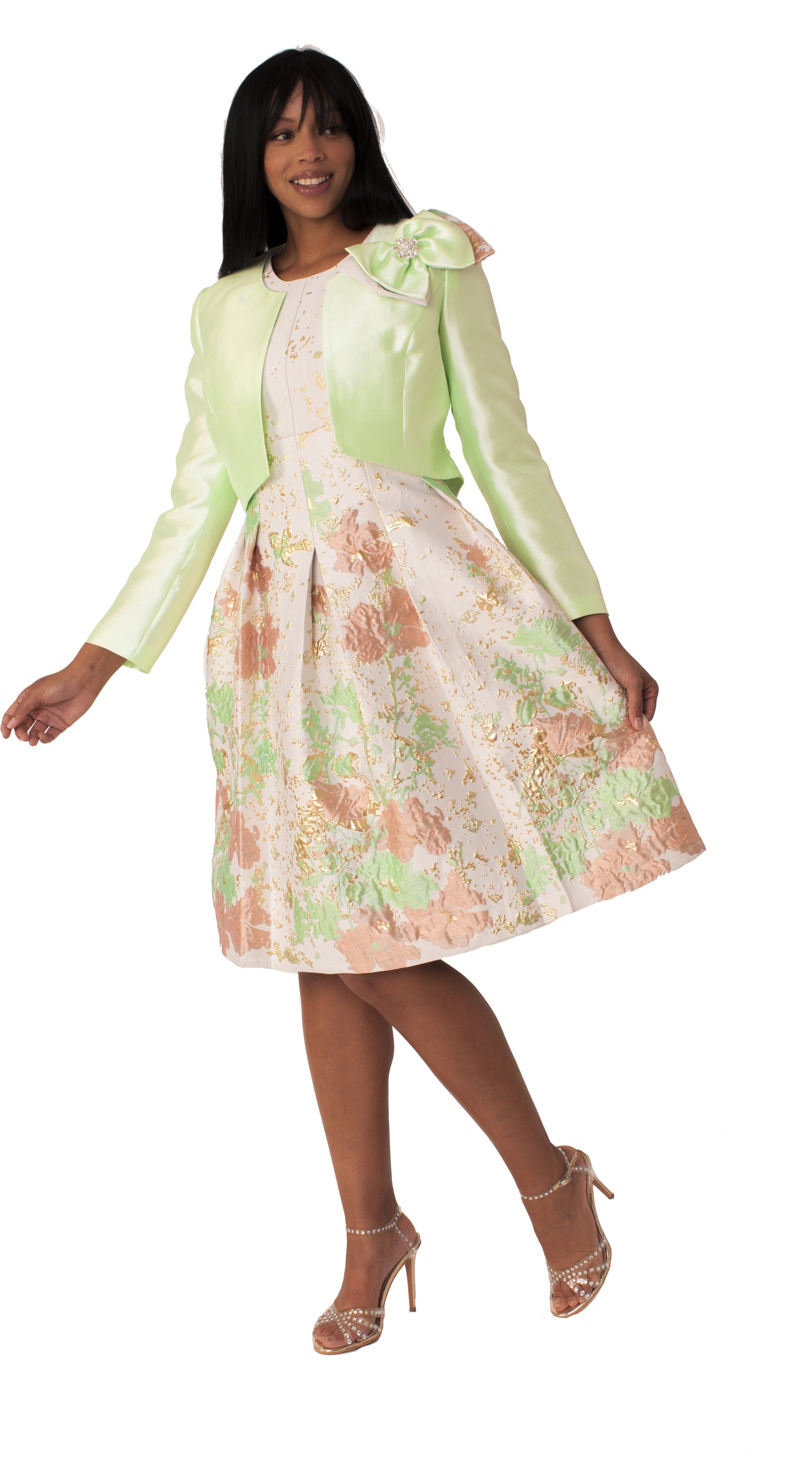 Plus size brocade dress set with jacket and brooch in green multi front view by Tally Taylor
