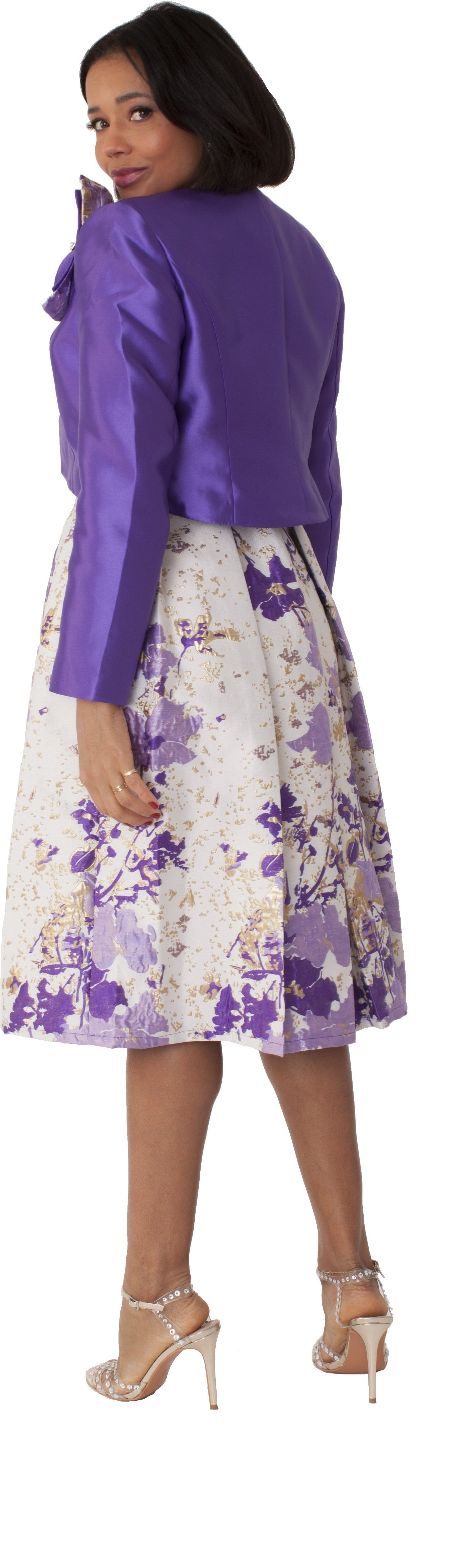 Plus size brocade dress set with jacket and brooch in purple multi back view by Tally Taylor