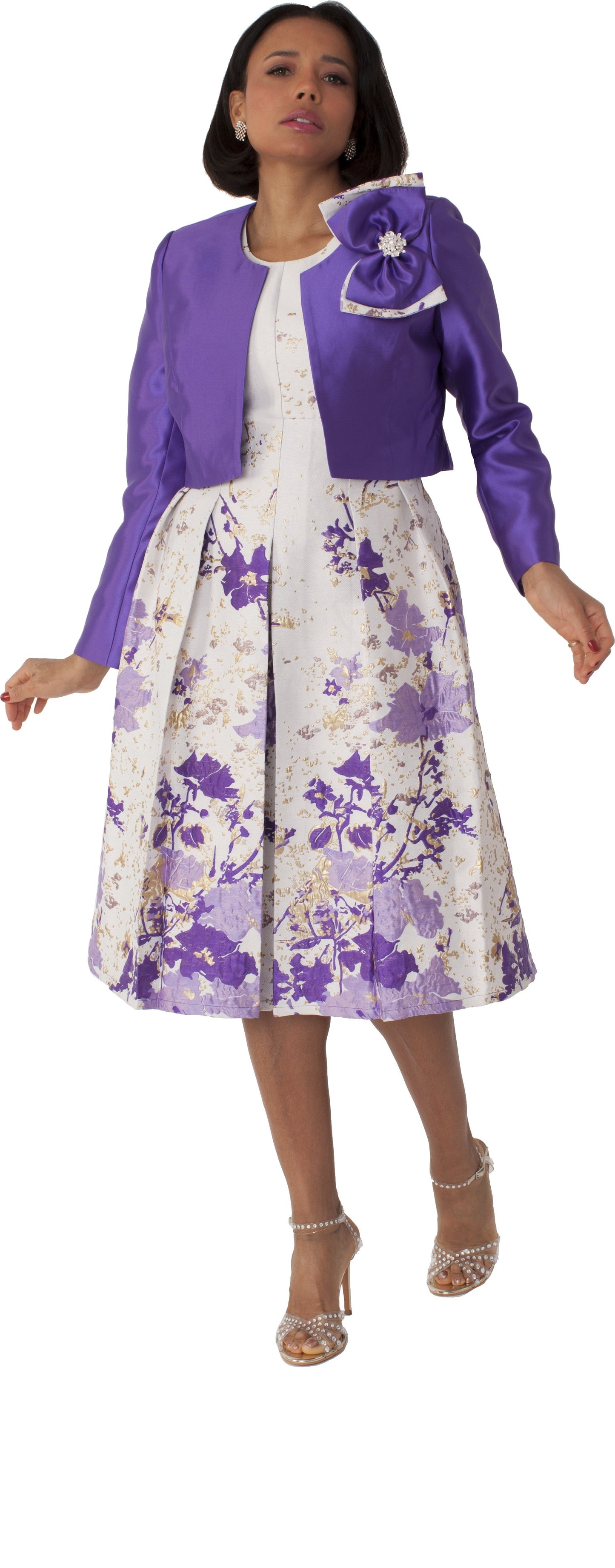 Plus size brocade dress set with jacket and brooch in purple multi front view by Tally Taylor