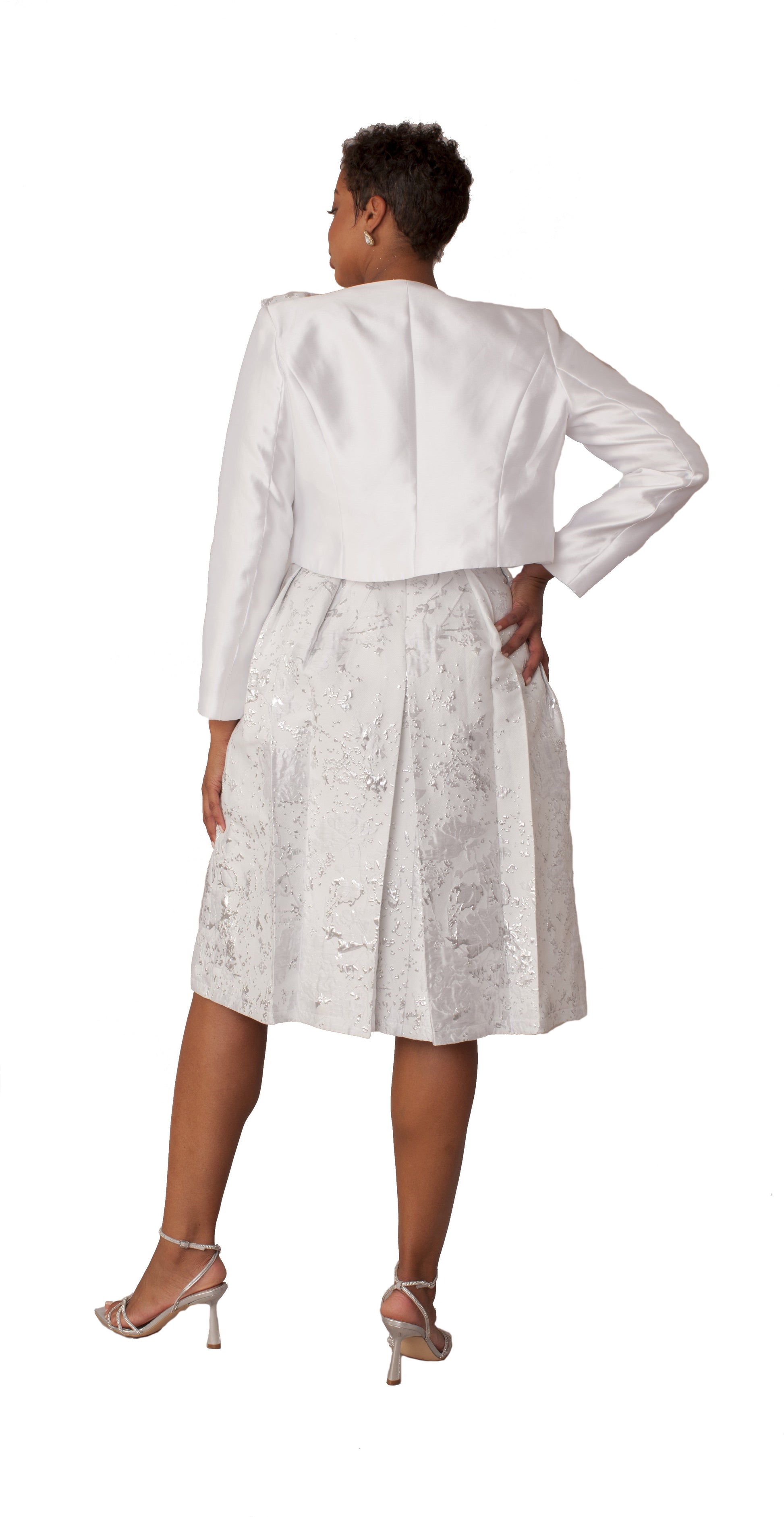 Plus size brocade dress set with jacket and brooch in white silver back view by Tally Taylor