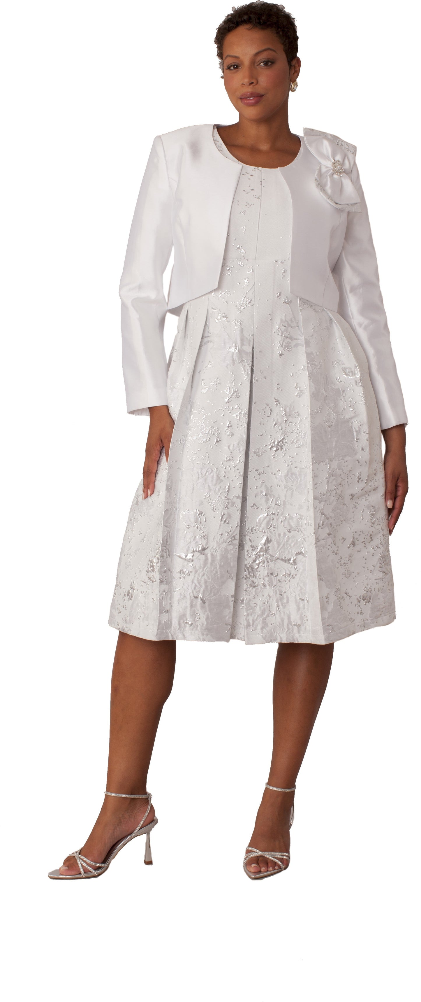Plus size brocade dress set with jacket and brooch in white silver front view by Tally Taylor