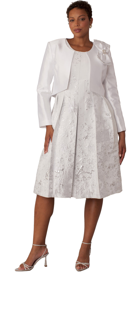 Plus size brocade dress set with jacket and brooch in white silver front view by Tally Taylor
