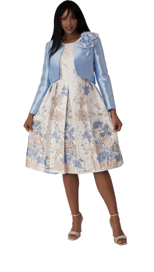 Blue multi brocade dress set with satin jacket and oversized brooch shown from the front by Tally Taylor