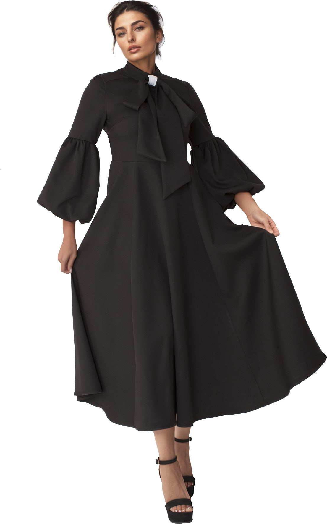 Black modest clergy dress with white contrast details, bell sleeves, and tie collar, front view, Tally Taylor