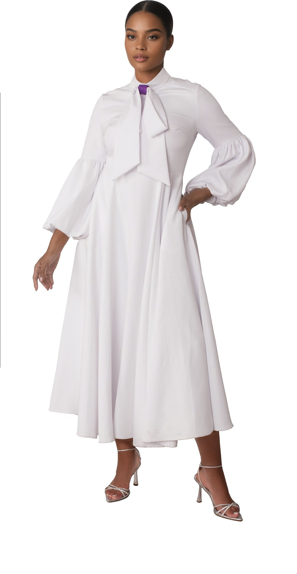 Modest clergy dress with bell sleeves and tie collar in white with black accents, front view, Tally Taylor