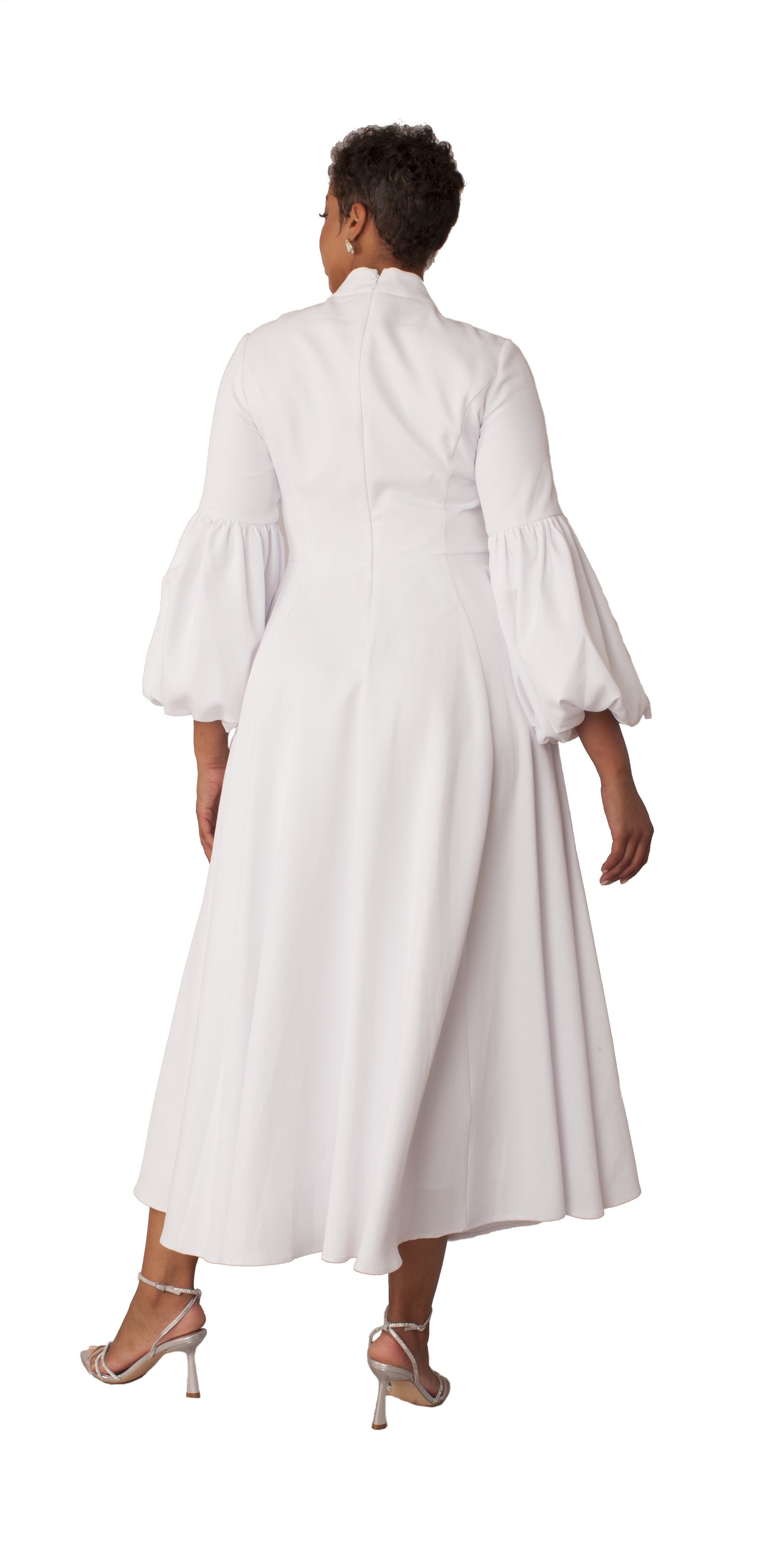 Full length modest clergy dress featuring flowing A-line skirt and bell sleeves in white and black, Tally Taylor