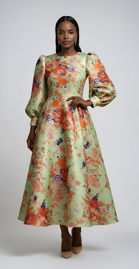 Floral Brocade Dress with Bishop Sleeves - 4848