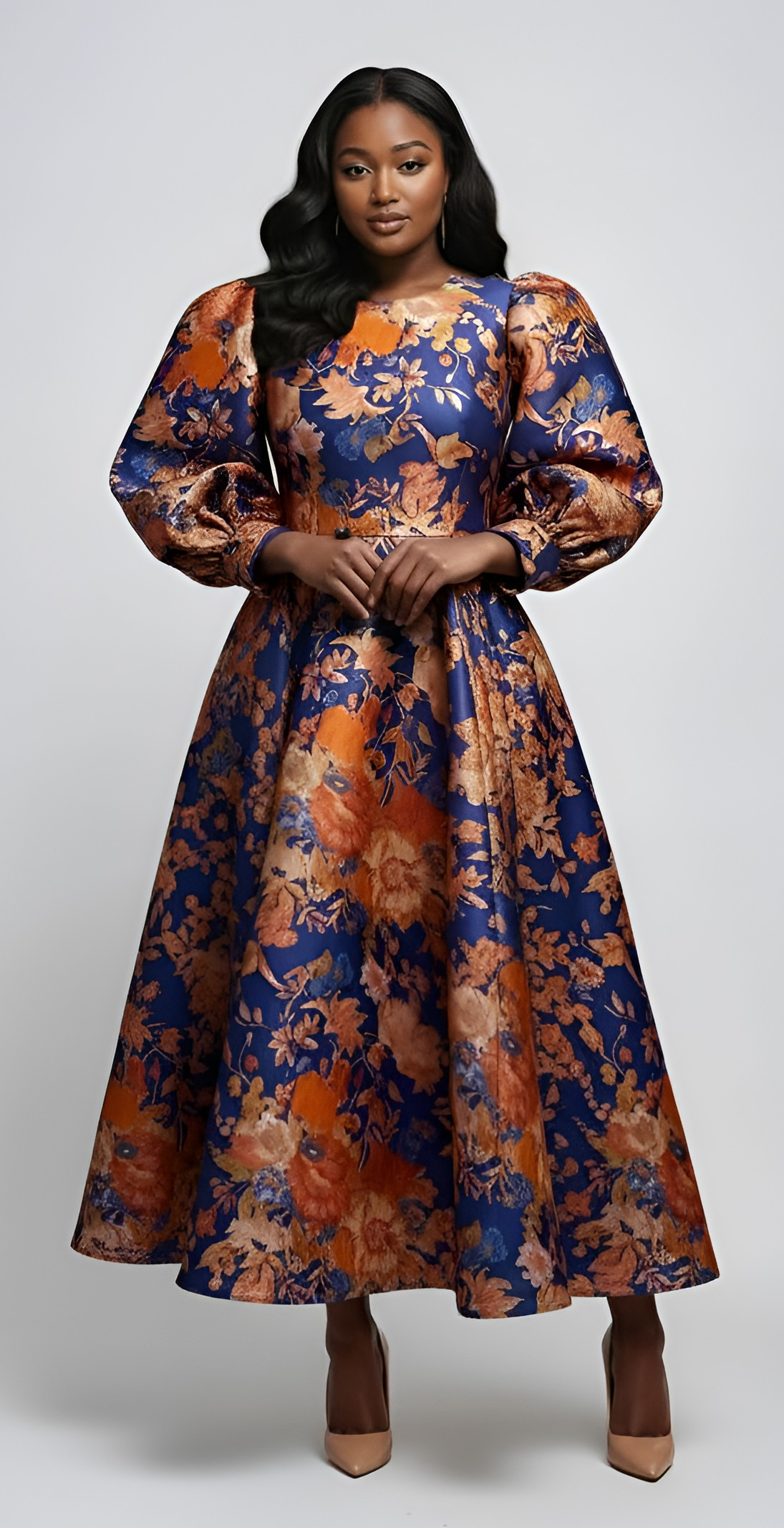 Floral Brocade Dress with Bishop Sleeves - 4848