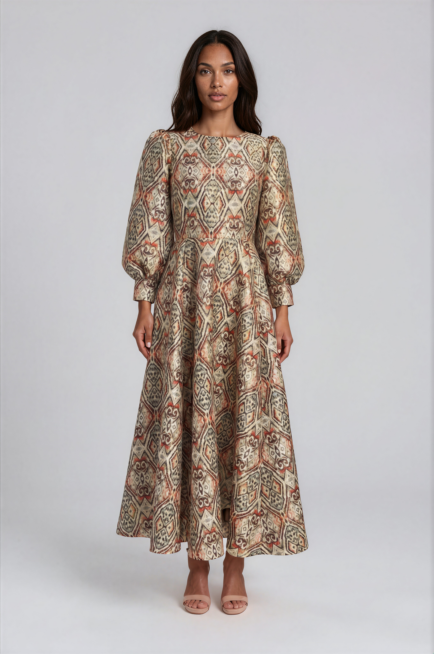Floral Brocade Dress with Bishop Sleeves - 4848