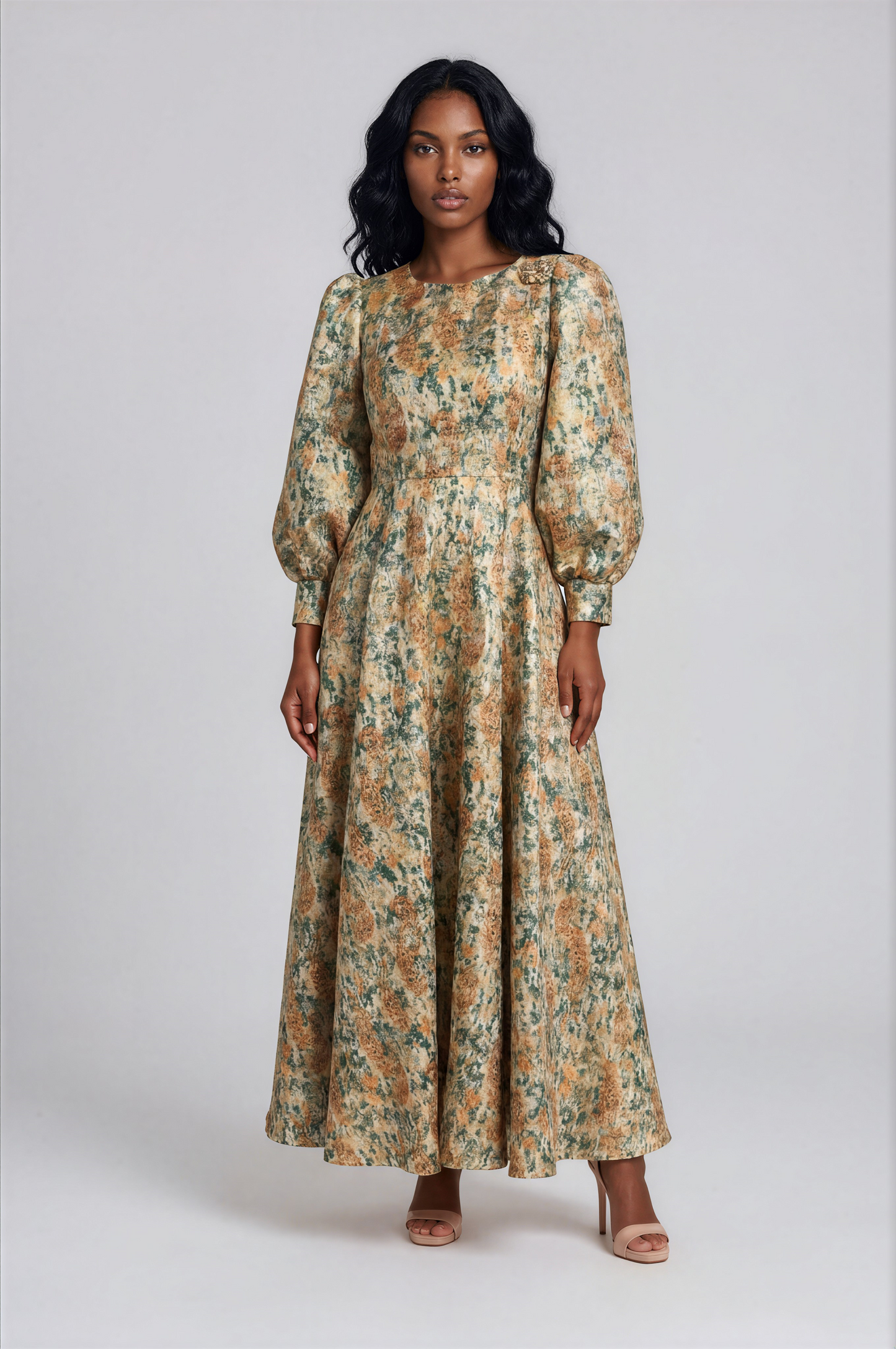 Floral Brocade Dress with Bishop Sleeves - 4848
