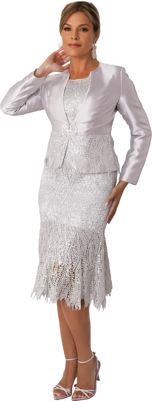 Elegant White Lace Two-Piece Dress Set with Tailored Jacket -4857
