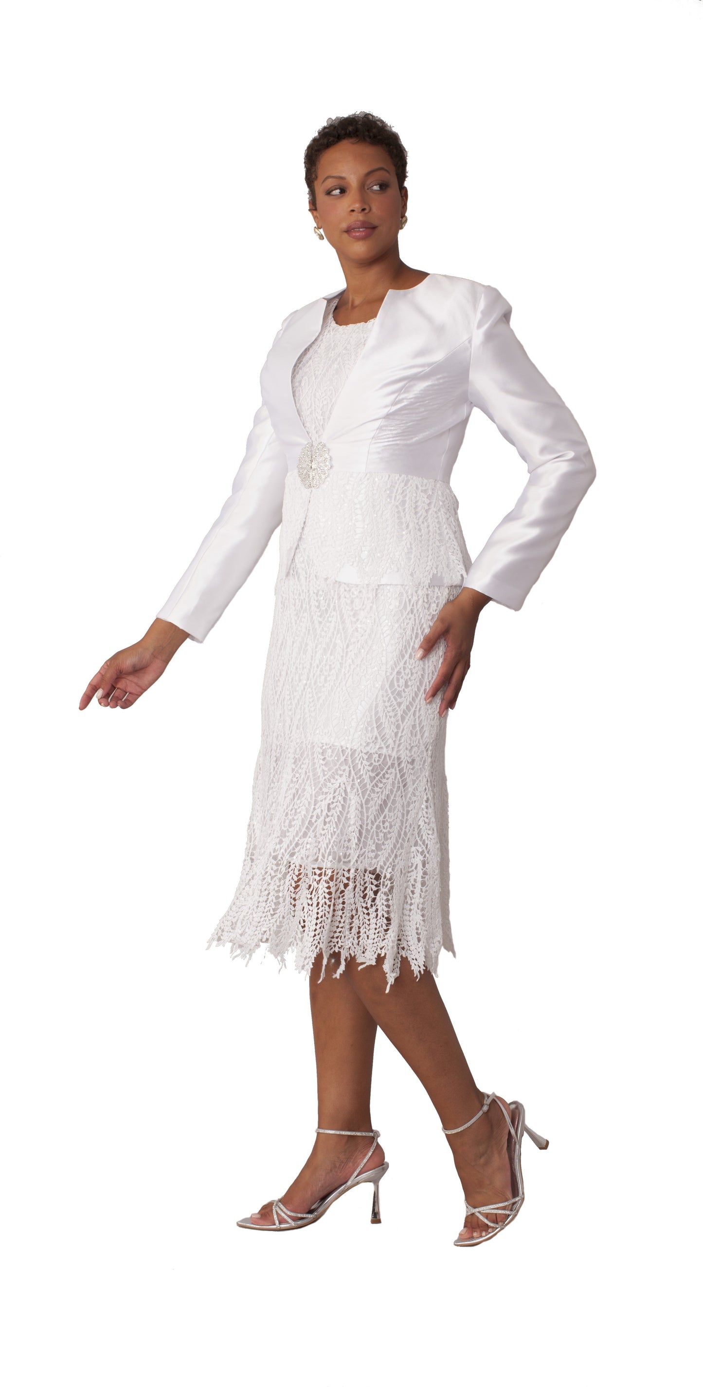 Elegant White Lace Two-Piece Dress Set with Tailored Jacket -4857