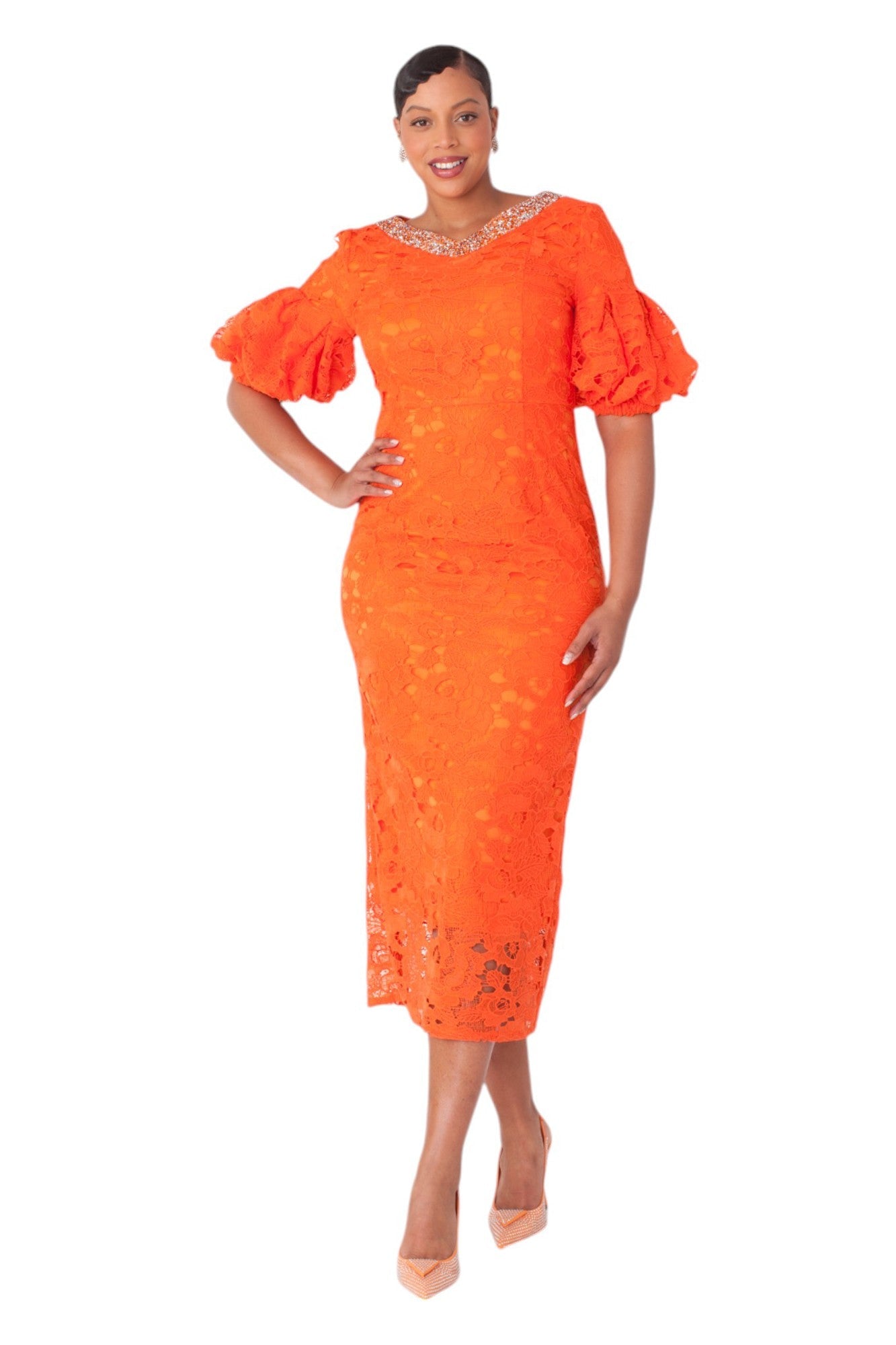 Tangerine Lacy Puff Sleeve Dress with Sparkling Neckline