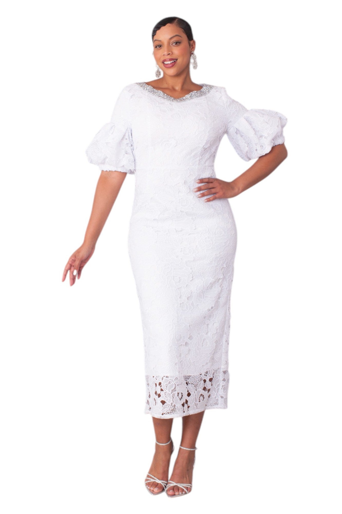 White Lacy Puff Sleeve Dress with Sparkling Neckline