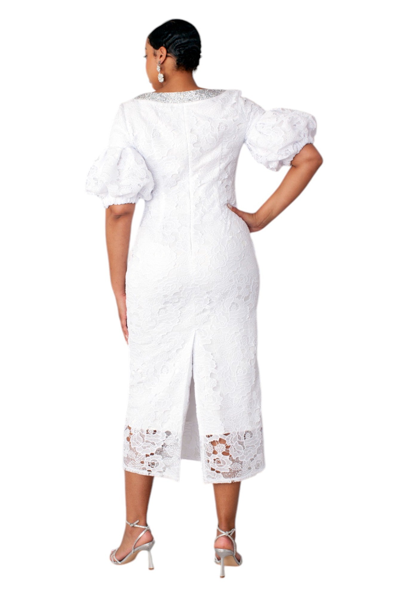 White Lacy Puff Dress with Sparkling Neckline