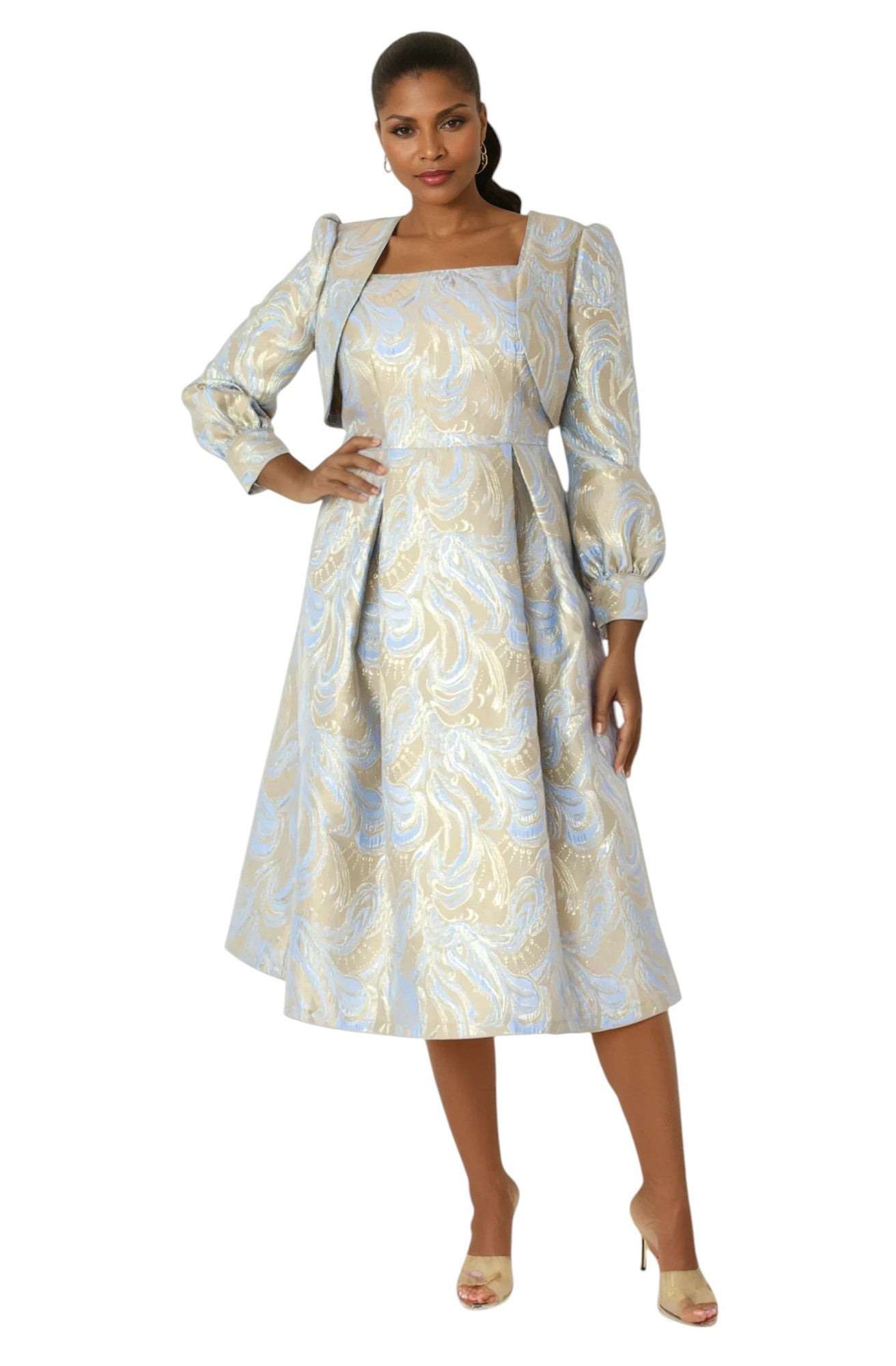 Two-Piece Metallic Swirl Brocade Dress with Balloon Sleeve Jacket