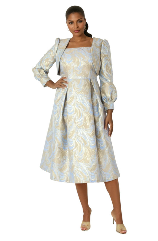 Two-Piece Metallic Swirl Brocade Dress with Balloon Sleeve Jacket