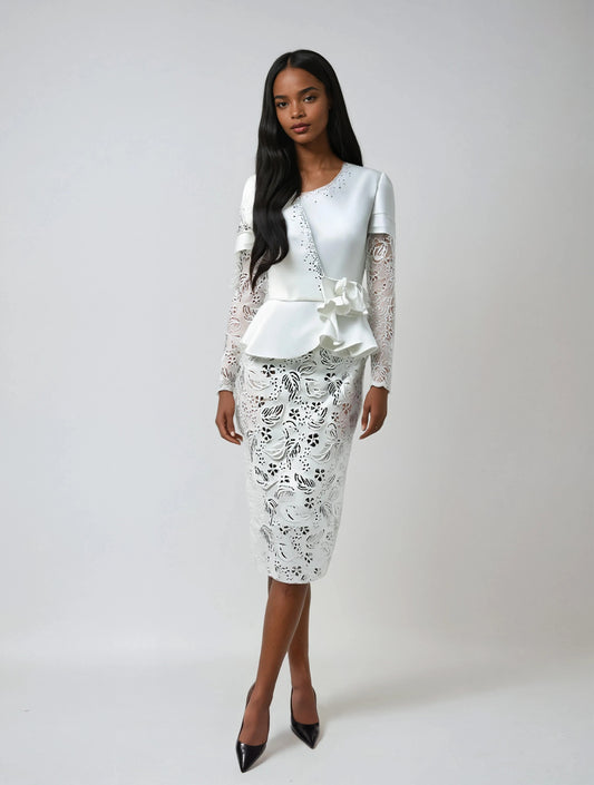 White Peplum Church Dress with Lace - 4885