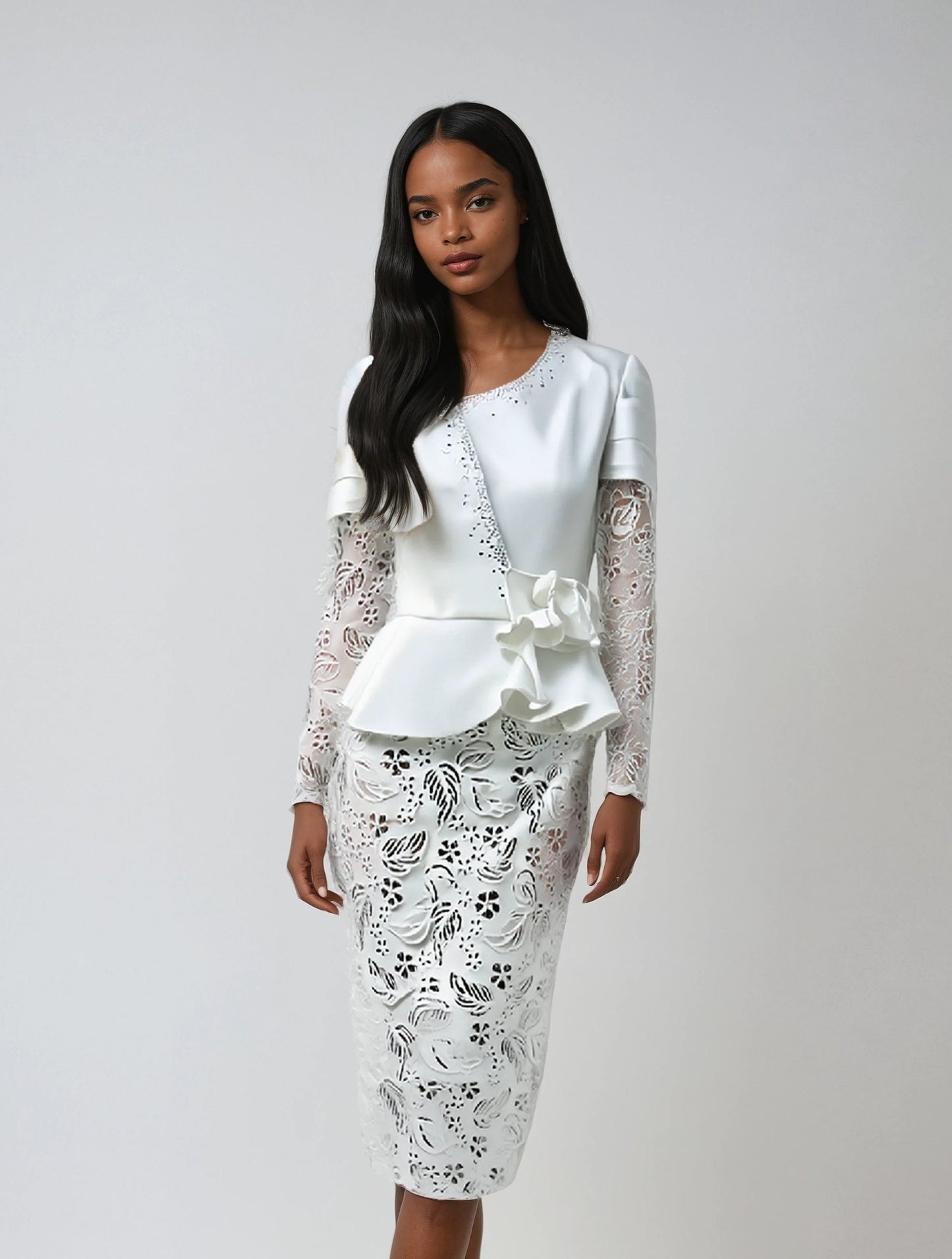 White Peplum Church Dress with Lace - 4885