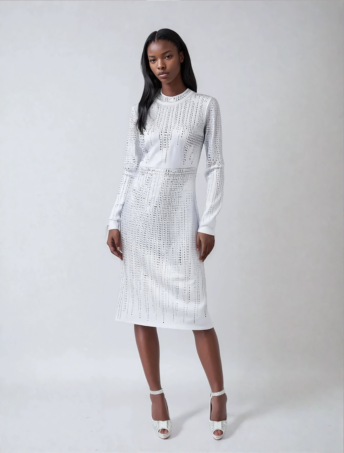 White silver embellished midi dress with long sleeves front view by Tally Taylor
