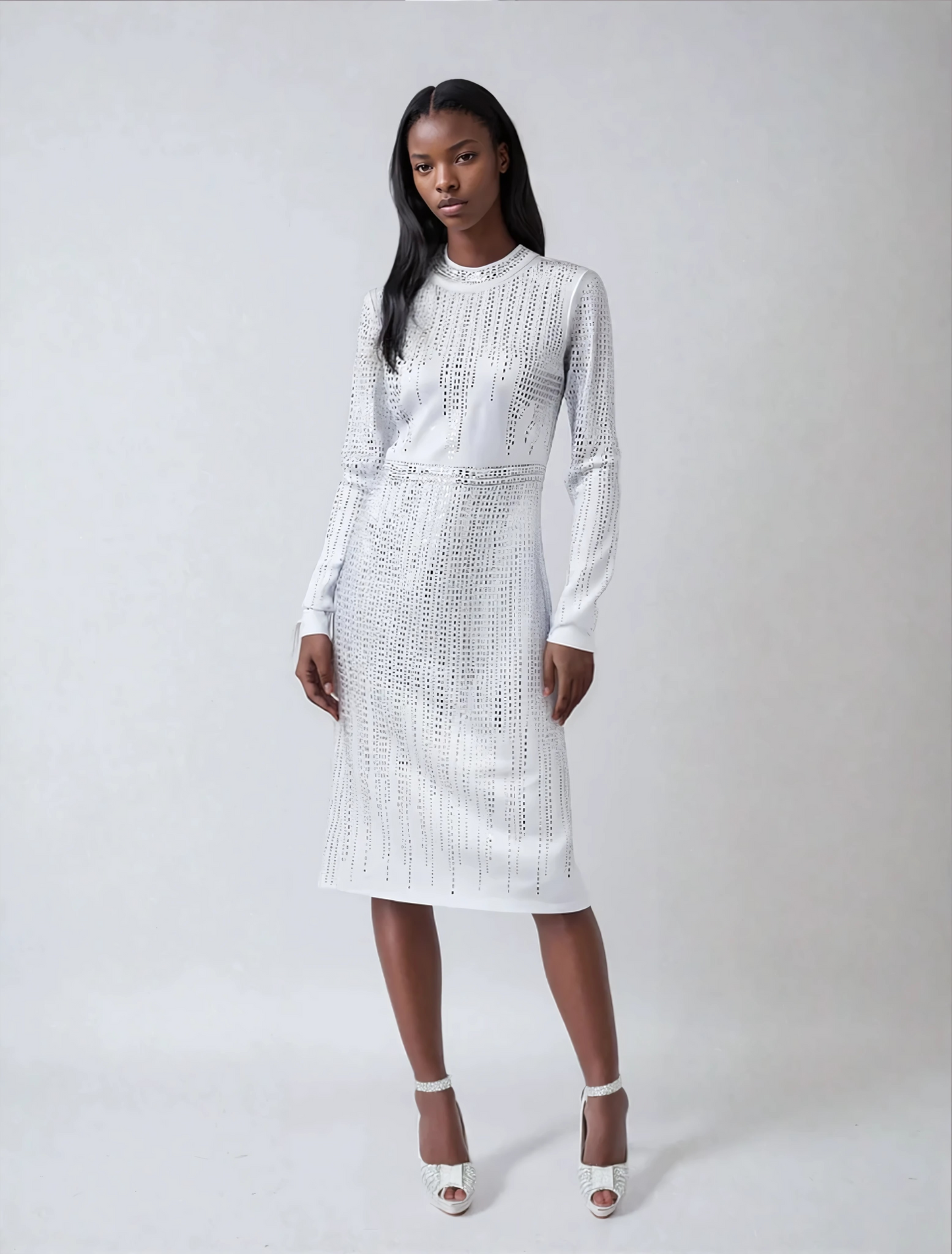 Elegant White Embellished Midi Dress for Women