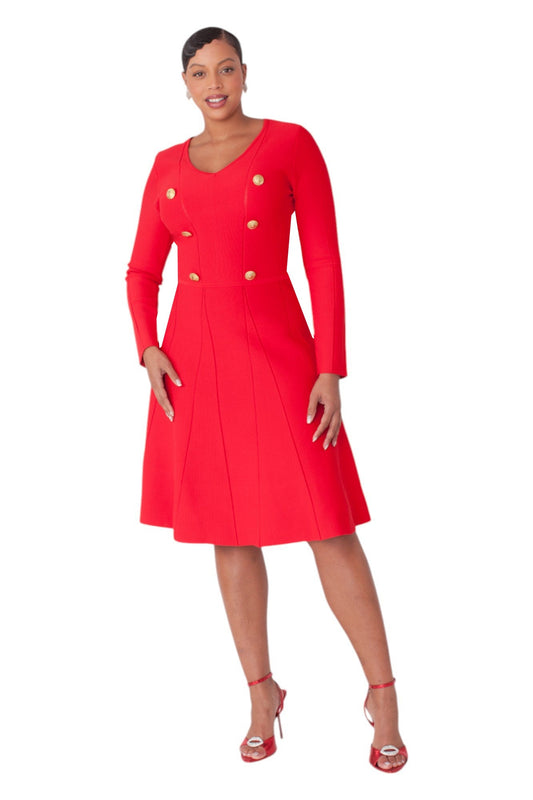 Red v-neck knit dress with gold button details front view by Tally Taylor