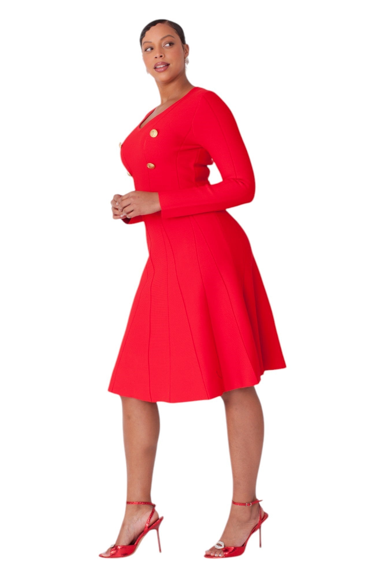 Red v-neck knit dress with gold button details side pose by Tally Taylor