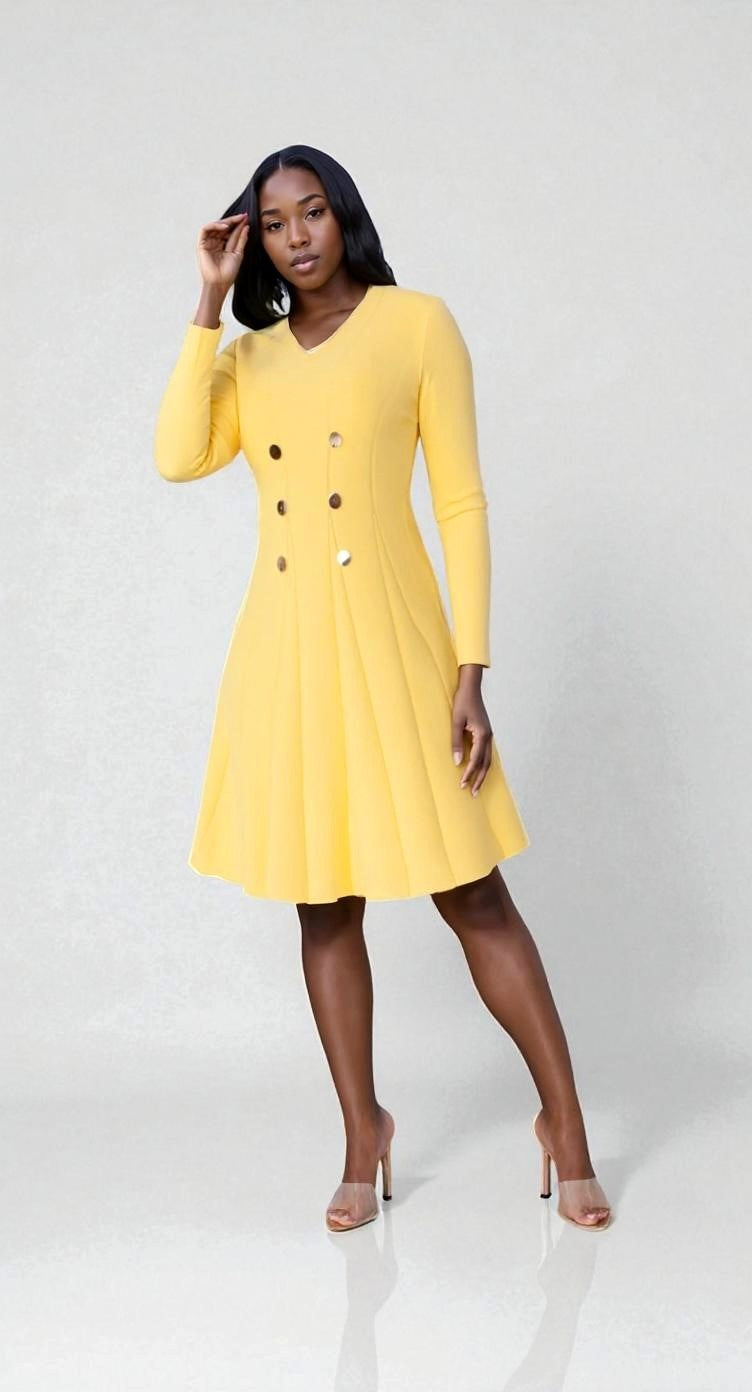 Yellow v-neck knit dress with gold button details front view by Tally Taylor