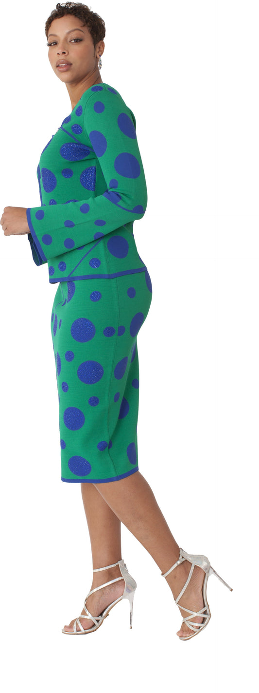 Kelly green and royal blue polka dot knit skirt suit shown from a side angle highlighting the silhouette by Tally Taylor