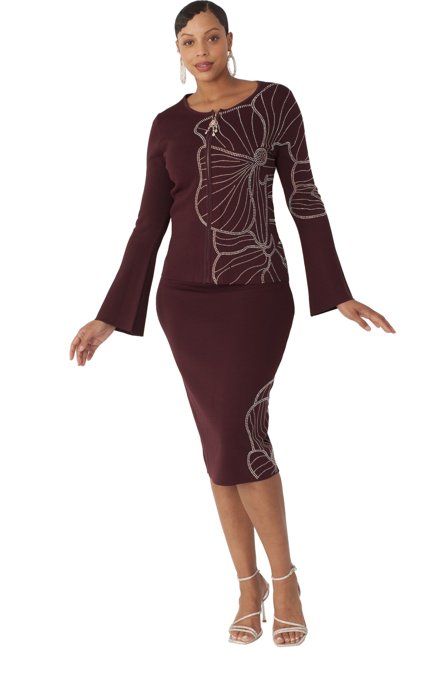 Burgundy Bell Sleeve Rhinestone Suit | Tally Taylor