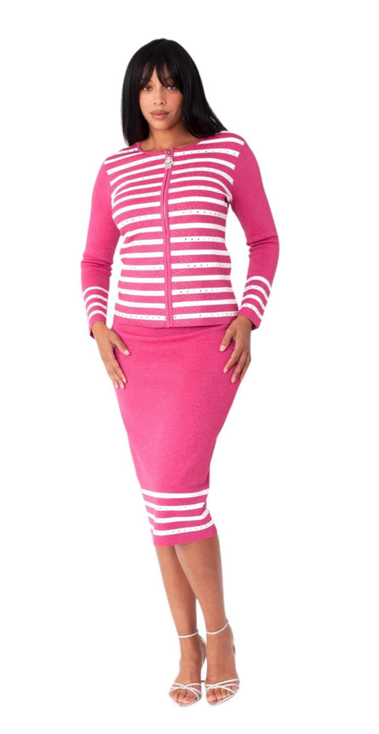 Pink and white striped knit skirt suit with rhinestone accents, front standing view, Tally Taylor