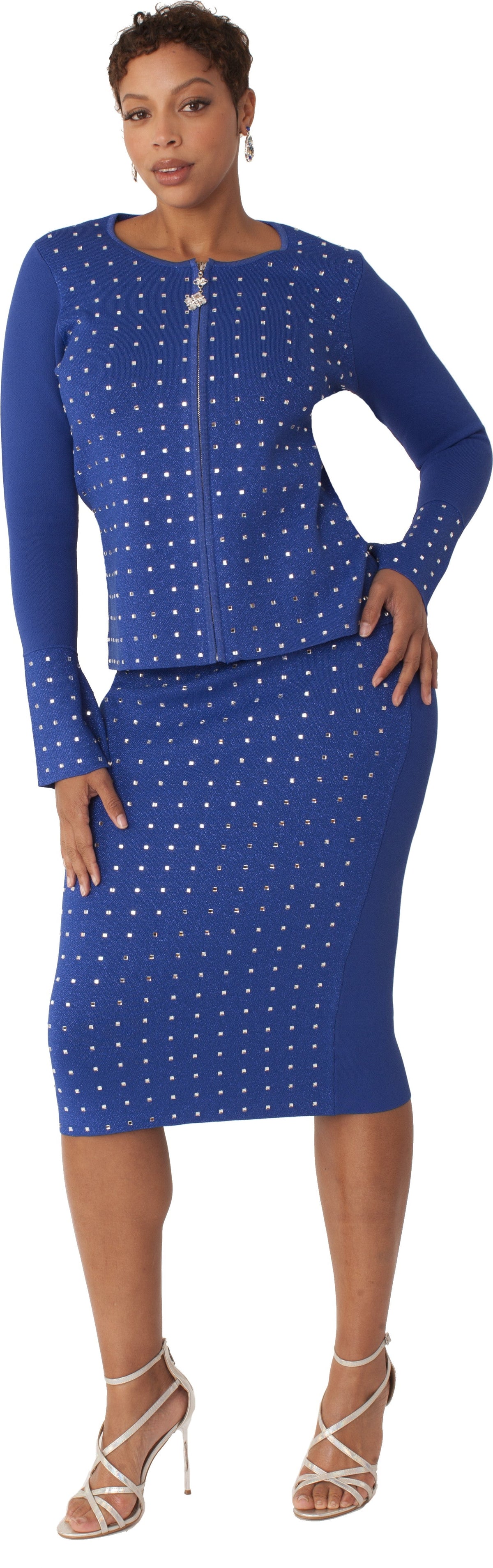 Royal blue crystal dot bell sleeve skirt suit shown from the front with classic tailored fit by Tally Taylor