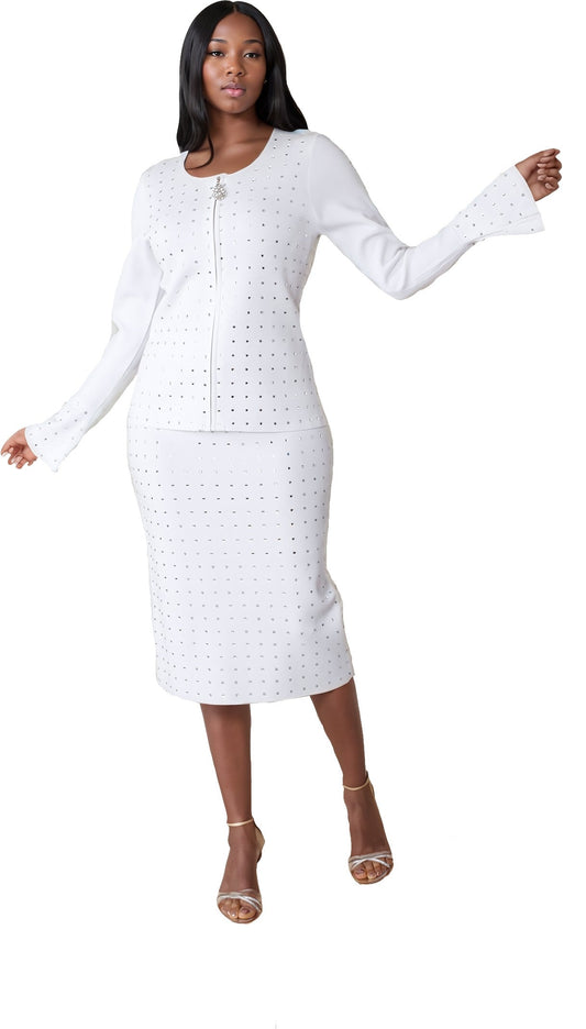 White crystal dot bell sleeve skirt suit shown from the front with fitted jacket and pencil skirt by Tally Taylor