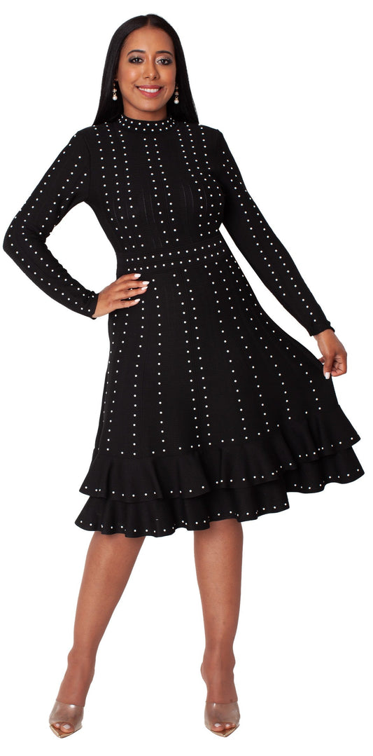 Black knit studded dress with ruffle hem front view by Tally Taylor