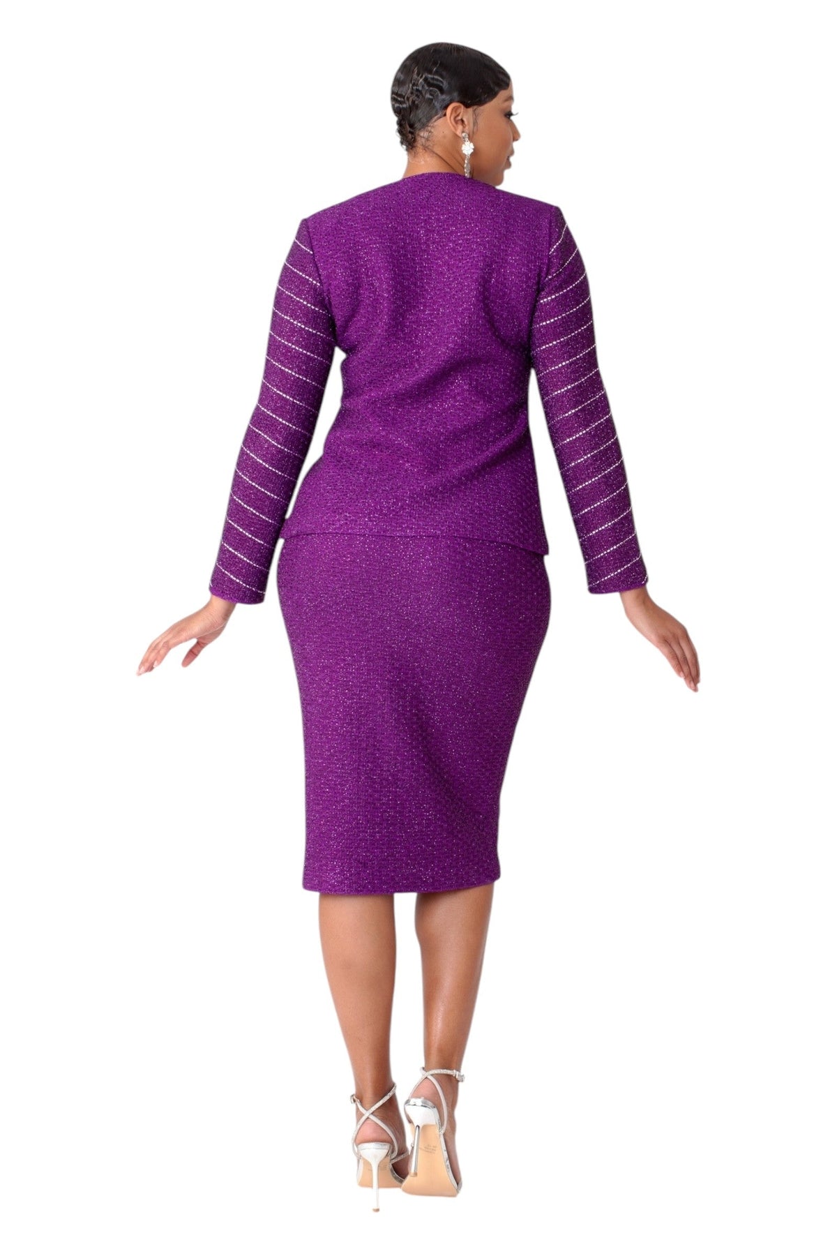 Purple shimmer knit skirt suit with textured knit jacket and skirt set, model back view showing fitted silhouette and shimmer knit fabric – Tally Taylor