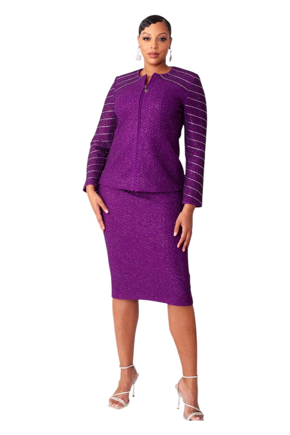 Purple shimmer knit skirt suit with two-piece textured knit jacket and skirt set, model front view showing elegant silhouette – Tally Taylor
