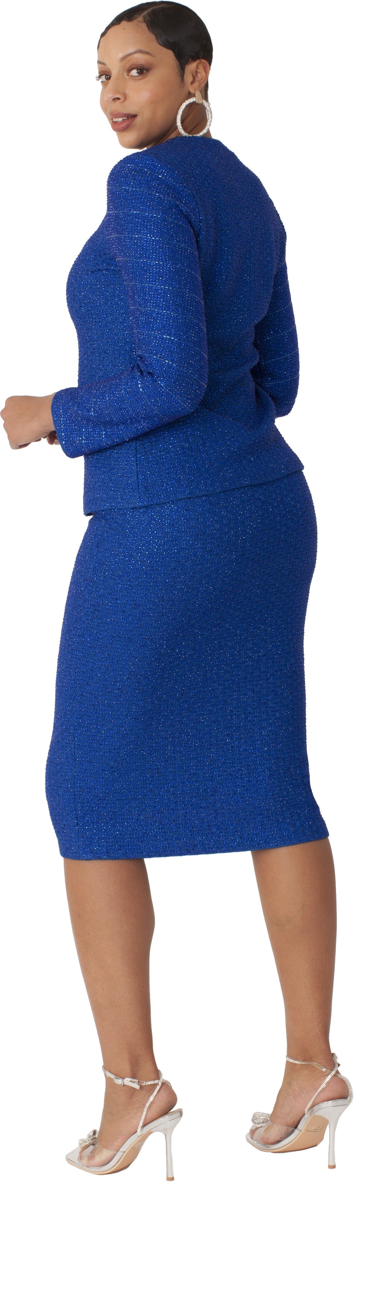 Royal blue shimmer knit skirt suit with textured knit jacket and skirt set, model back view showing fitted silhouette and shimmer knit detail – Tally Taylor