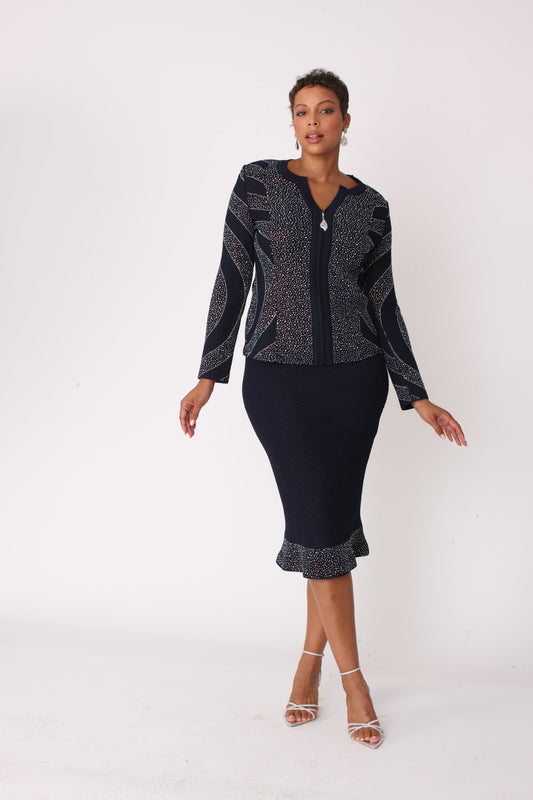 Navy and silver starburst skirt suit with beaded jacket and pencil skirt, front walking view, Tally Taylor