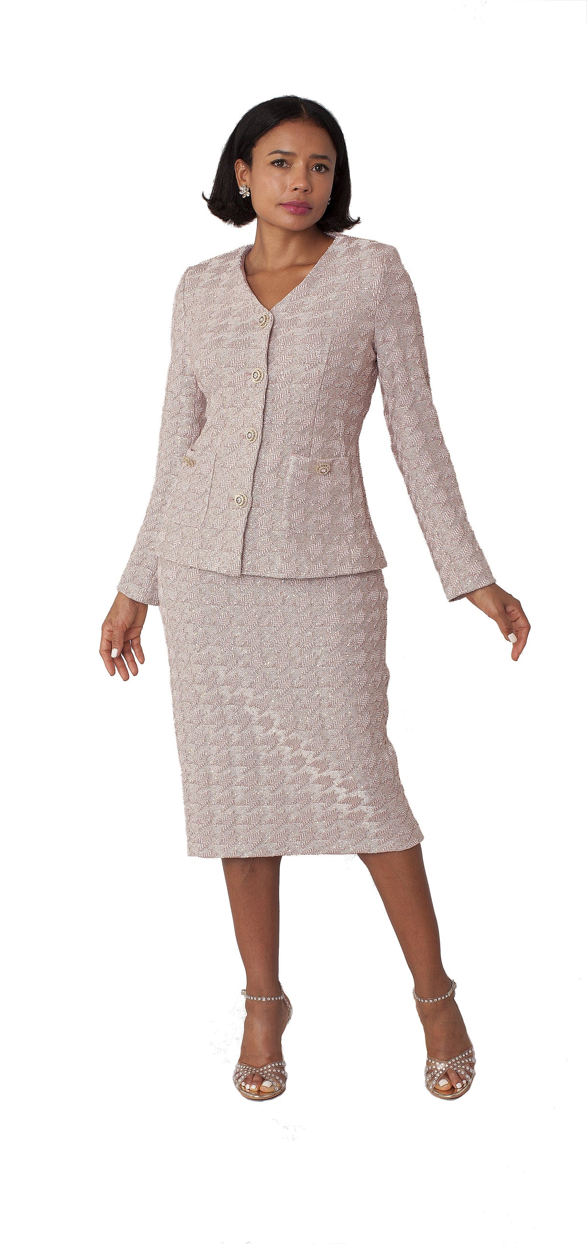Peach textured knit two-piece midi suit with button front jacket shown from the front, tailored fit and classic silhouette by Tally Taylor